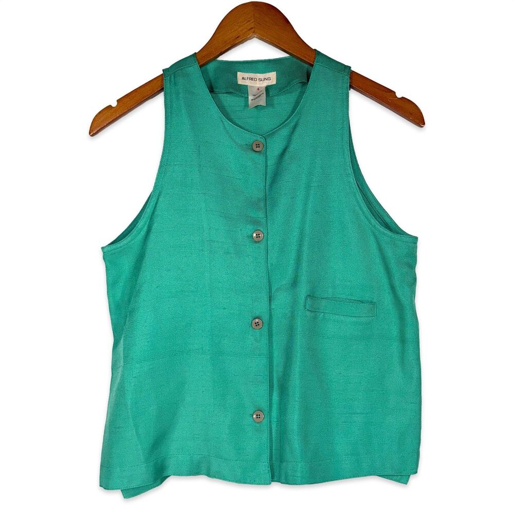 Alfred Sung Silk Vest Teal Button Front Minimalist Preppy 90s Top Size 4